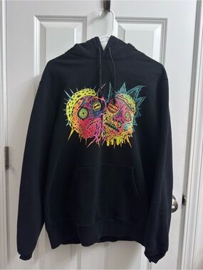 H&M Rick & Morty Black Graphic Hoodie with Neon Art and Front Pocket - Men’s M